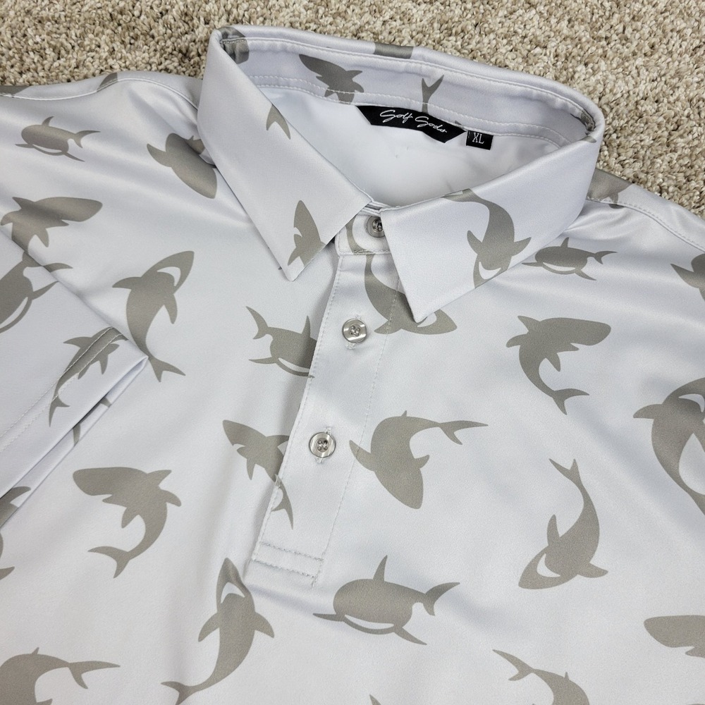 Golf Gods Mens XL Gray AOP Sharks Performance Stretch Polo Short Sleeve